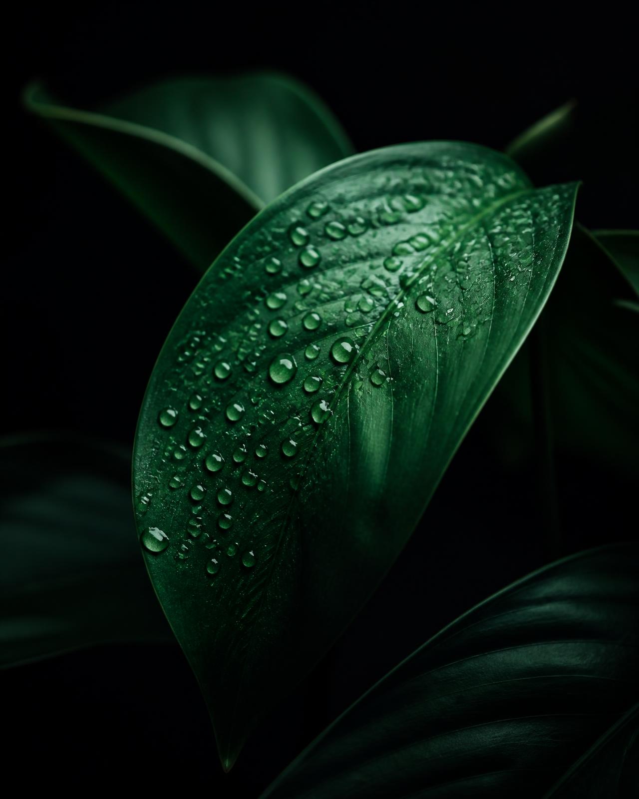 Macro study of a dew-covered green leaf